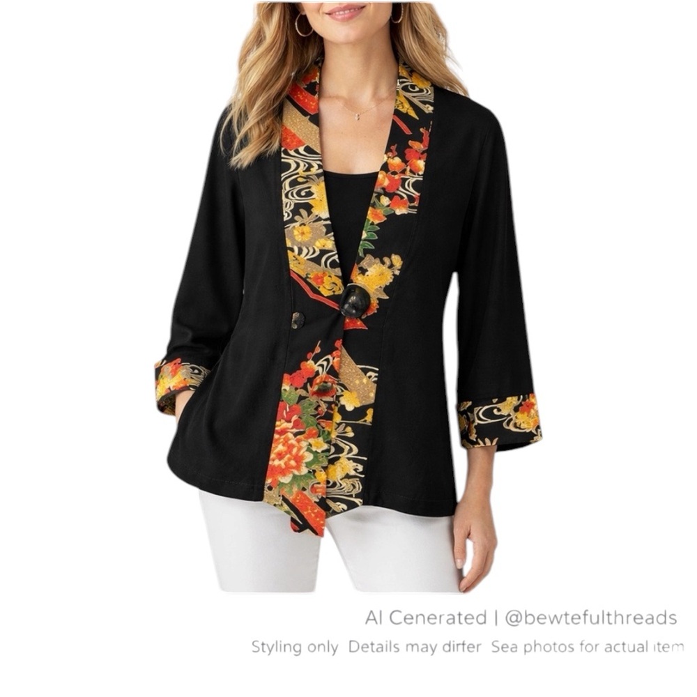 Soft Surroundings Art Wear Jacket Black Japanese Floral Trim Topper M
